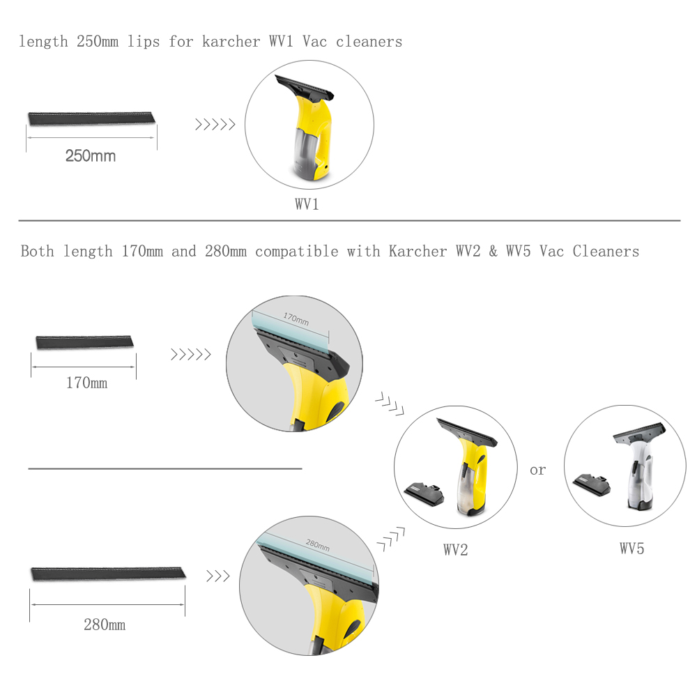 High Quality Replacement Window Vacuum WV2 WV5 WV50 Vac Rubber Lip Squeegee Blades 170mm /250mm / 280mm For Karcher WV Cleaners 2.633-104.0